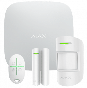 Ajax StarterKit fehér színben: Hub központi egység, MotionProtect mozgásérzékelő, DoorProtect nyitásérzékelő és SpaceControl távirányító a TEMA kínálatában.