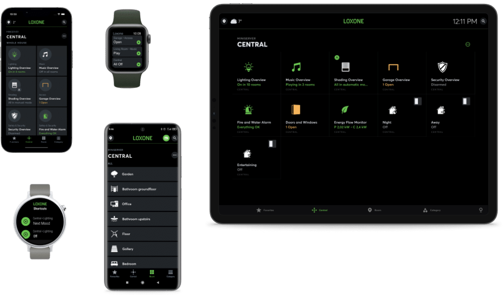 Okostelefonon futó Loxone App kezelőfelülete, amelyen a világítás, a fűtés és a biztonsági rendszer aktuális állapota látható a TEMA integrációjában.