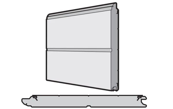 Szekcionált garázskapu panel vágott rajza, amely bemutatja a nagy sűrűségű PU hab kitöltést, a külső acéllemezt és a légkamrás gumitömítést.